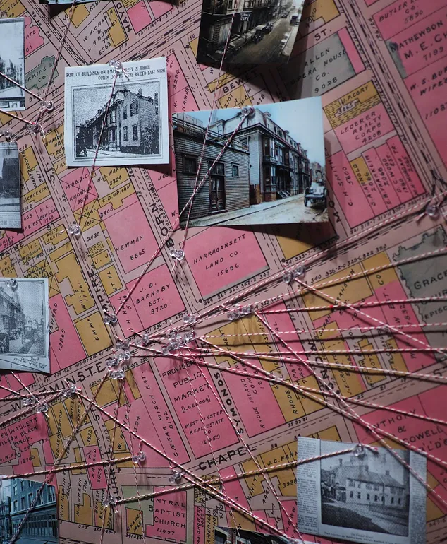 Yoo Warren connects archival photographs to street locations on a historical map of Providence, Rhode Island.