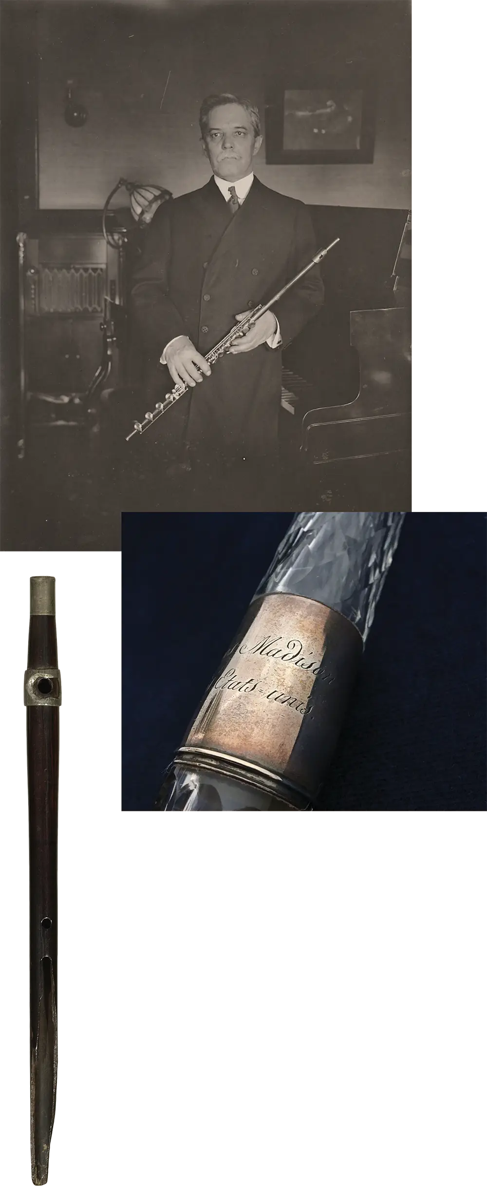 The collection built by Dayton C. Miller (top) included this humble wooden fife played by his father in the Civil War (left) and this elegant crystal instrument that belonged to President James Madison.