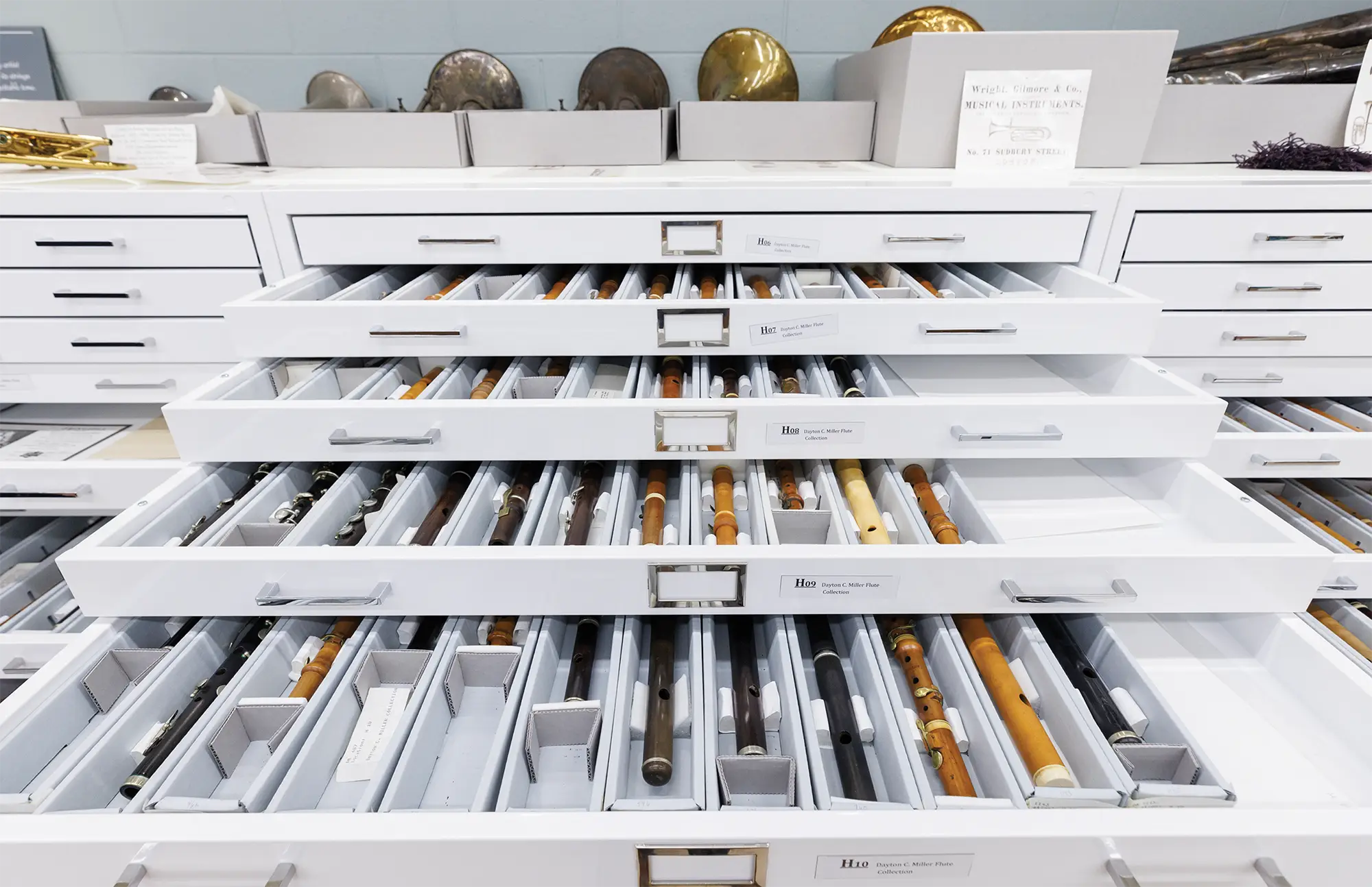 Miller collection flutes lie in individual custom-made containers in a climate-controlled space at the Library.