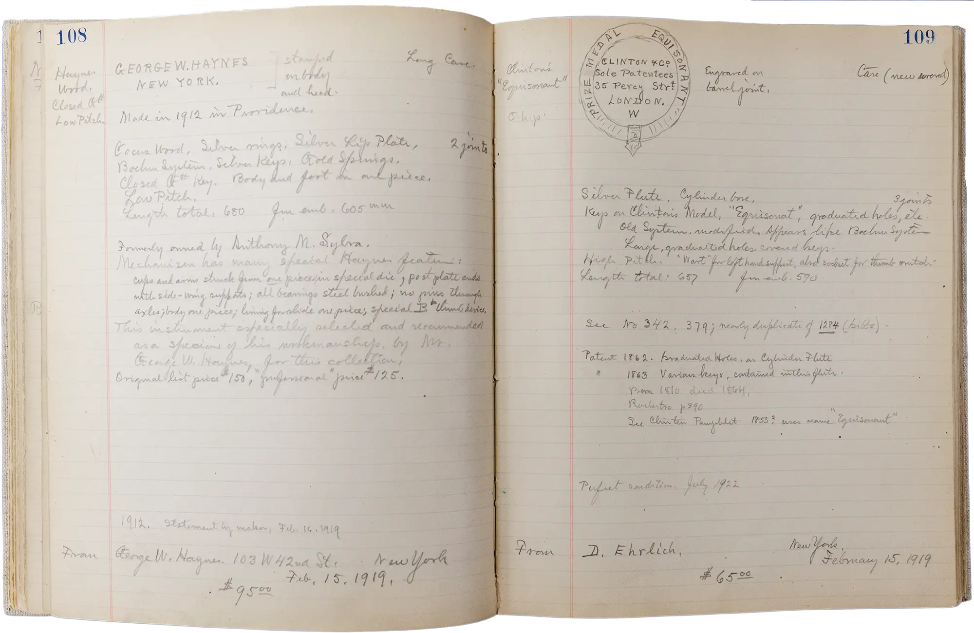 Miller made meticulous notes on each item in his collection. Here, he describes a cocus wood flute that he purchased from George W. Haynes in 1919 for $95 — a large sum at the time.