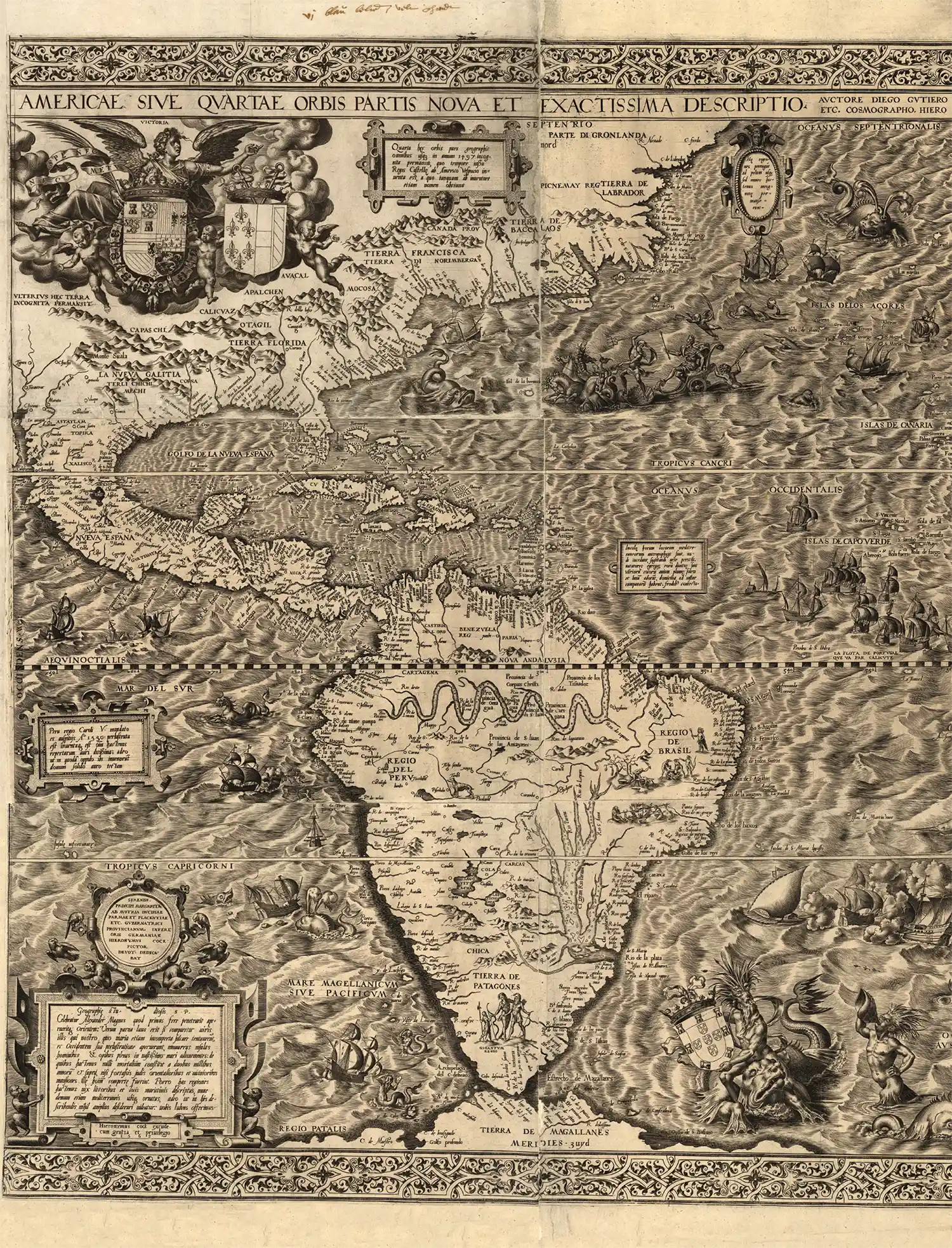 Black and white illustration of a map. In 1562, the cosmographer to King Philip II created this map showing Spain's territorial claims in the New World. The Library's copy is one of only two known to exist.