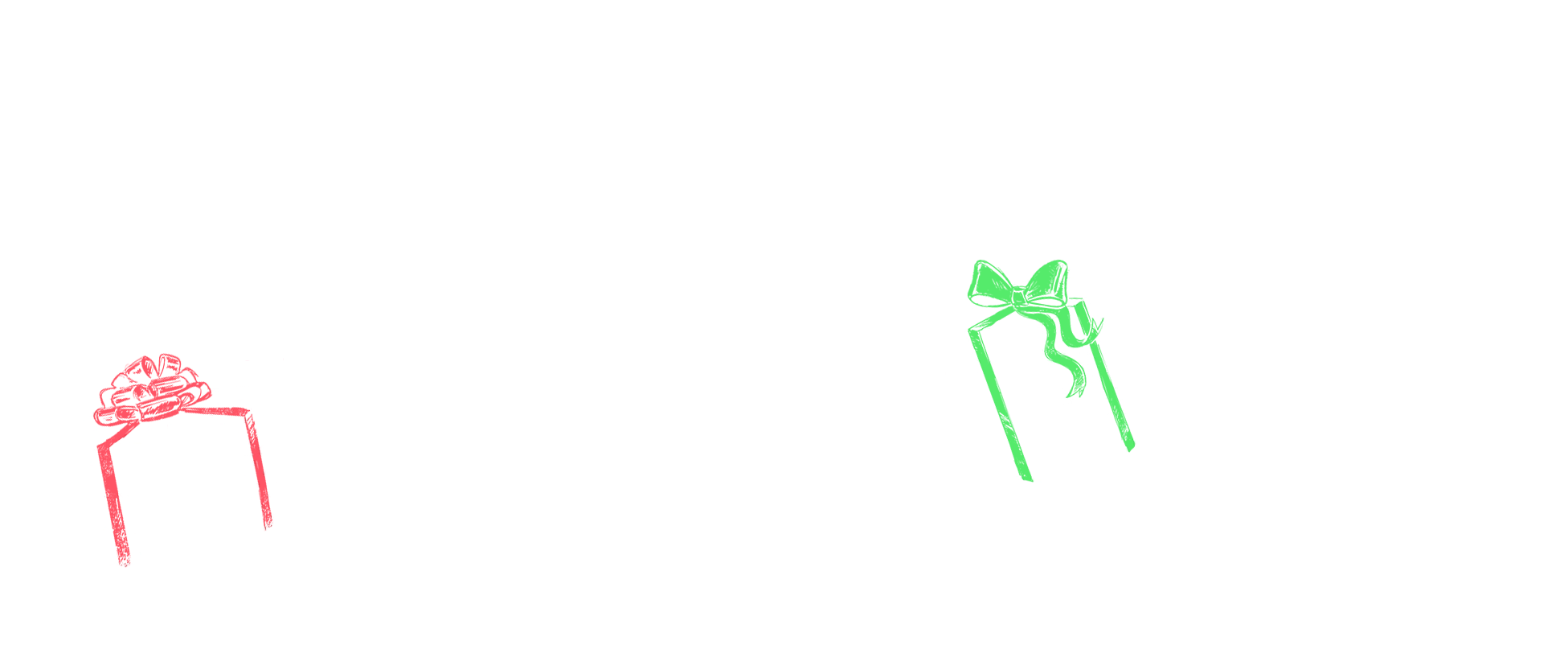 A holiday-themed illustration featuring a red shape with an extended line leading to a green gift box with a bow, set against a white background.