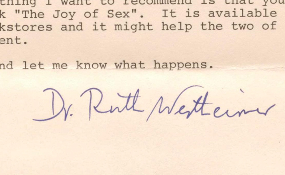 Typed letter with Dr. Ruth Westheimer's cursive signature in blue ink.