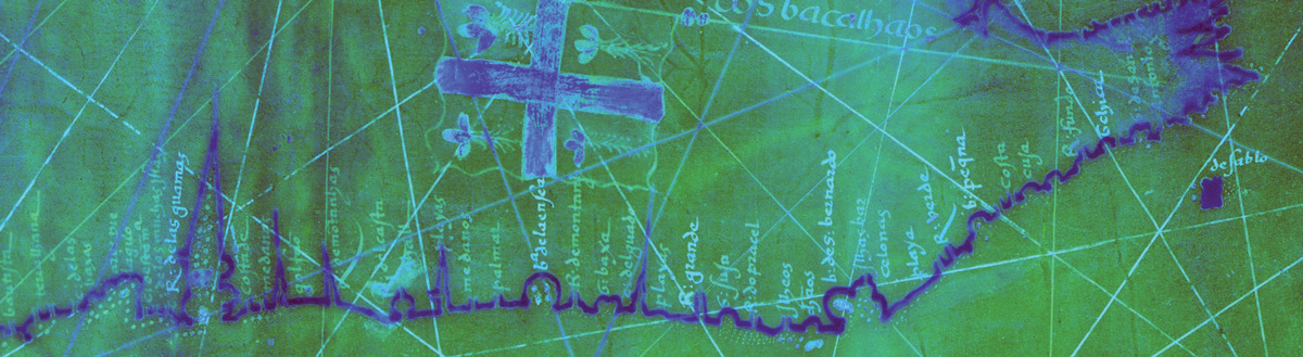 Close-up of a vintage map in green and blue, with a jagged coastline and decorative cross.