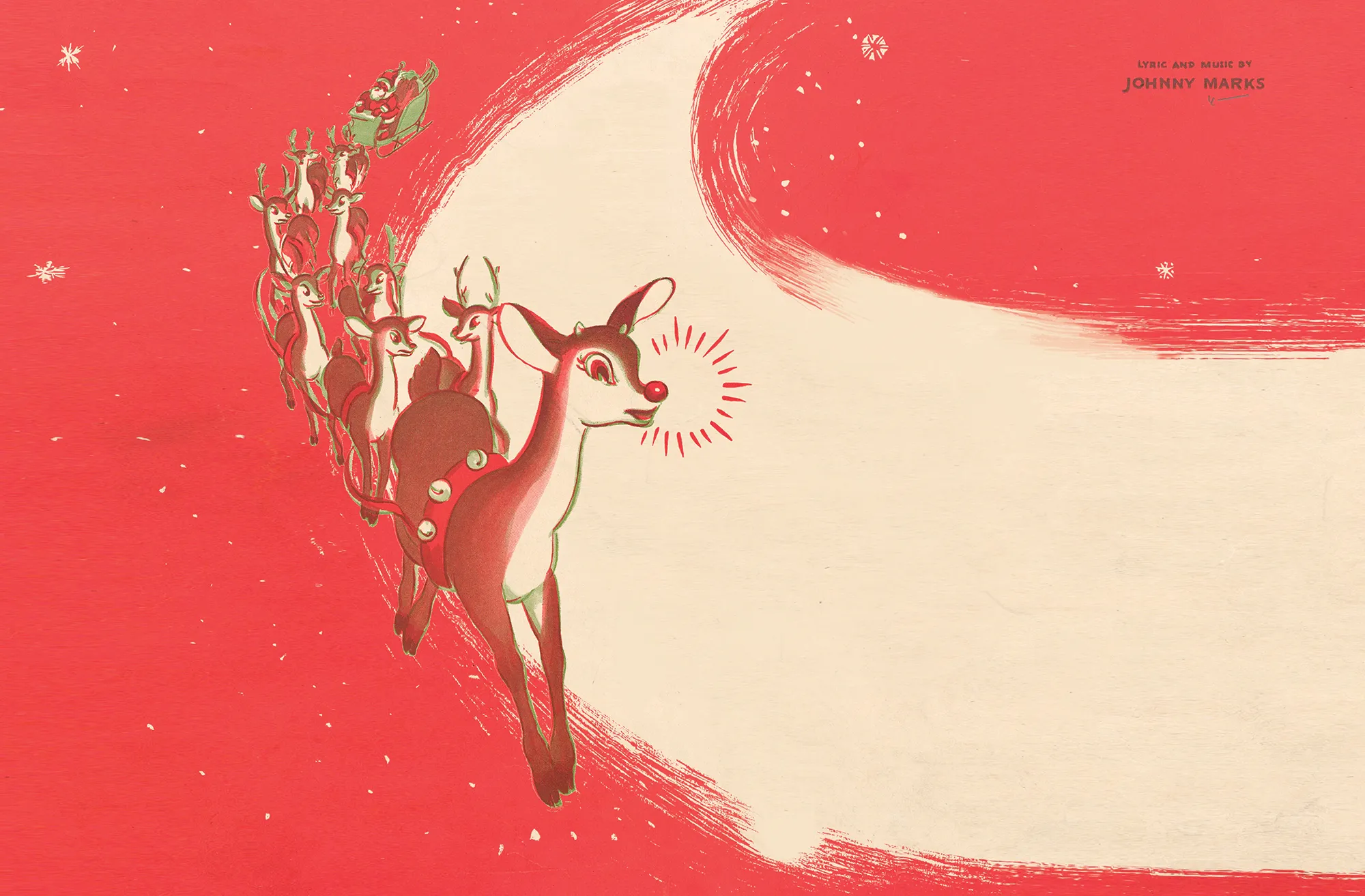 Illustration of a reindeer lineup pulling Santa's sleigh on a red background.