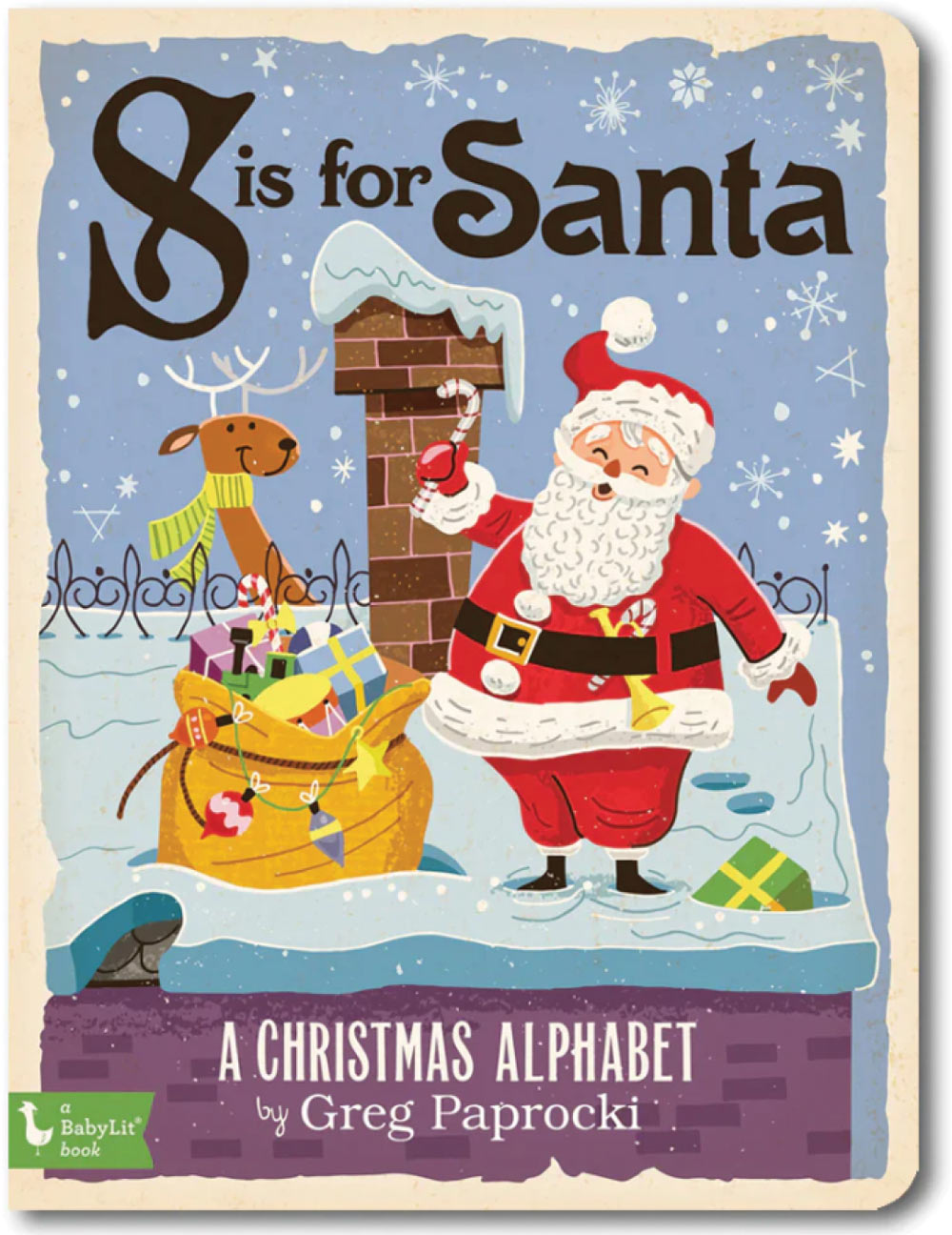 Book cover of 'S is for Santa' showing Santa Claus and a reindeer beside a chimney and sack of presents.