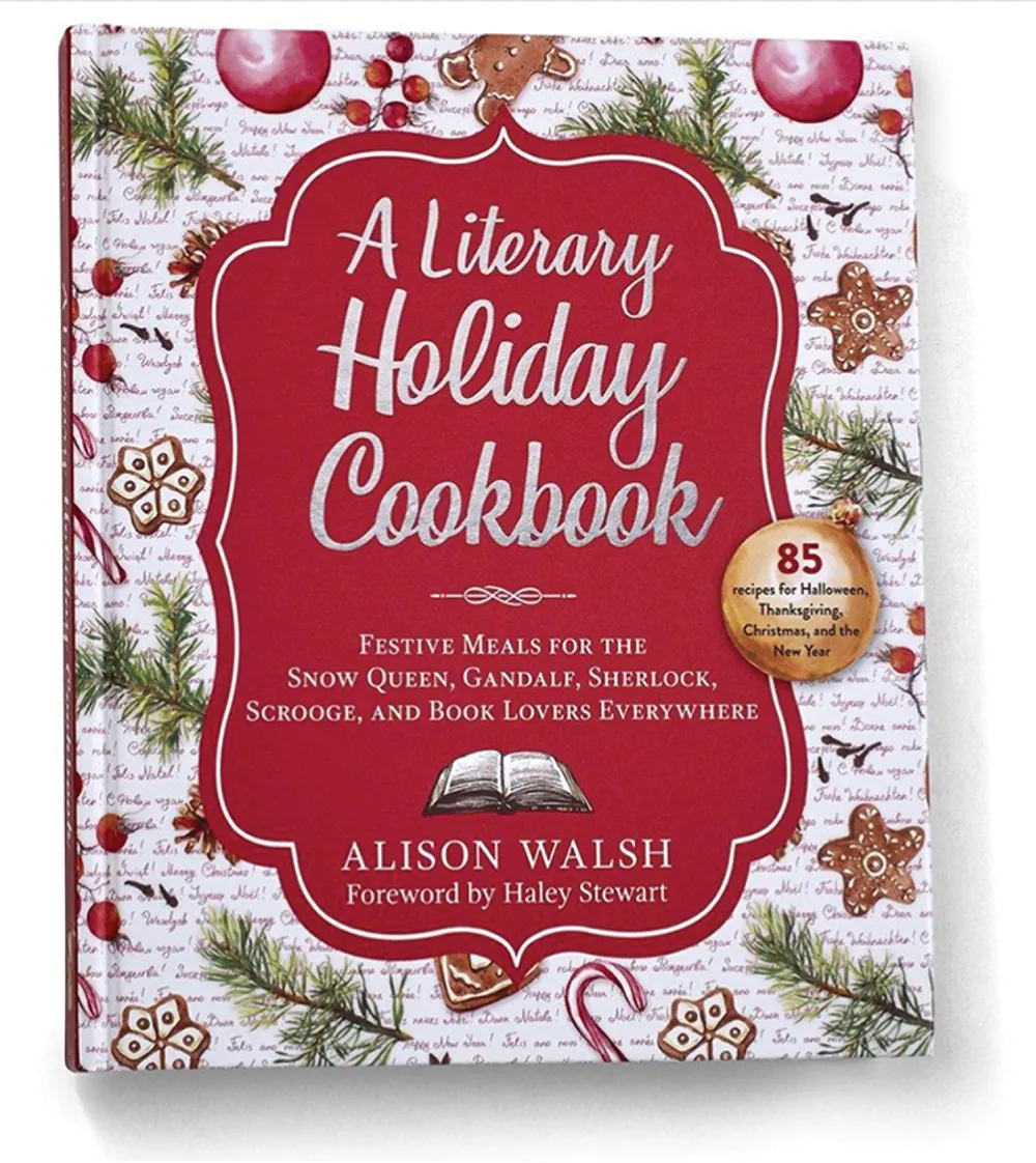 Cover of "A Literary Holiday Cookbook" by Alison Walsh, featuring festive holiday designs.