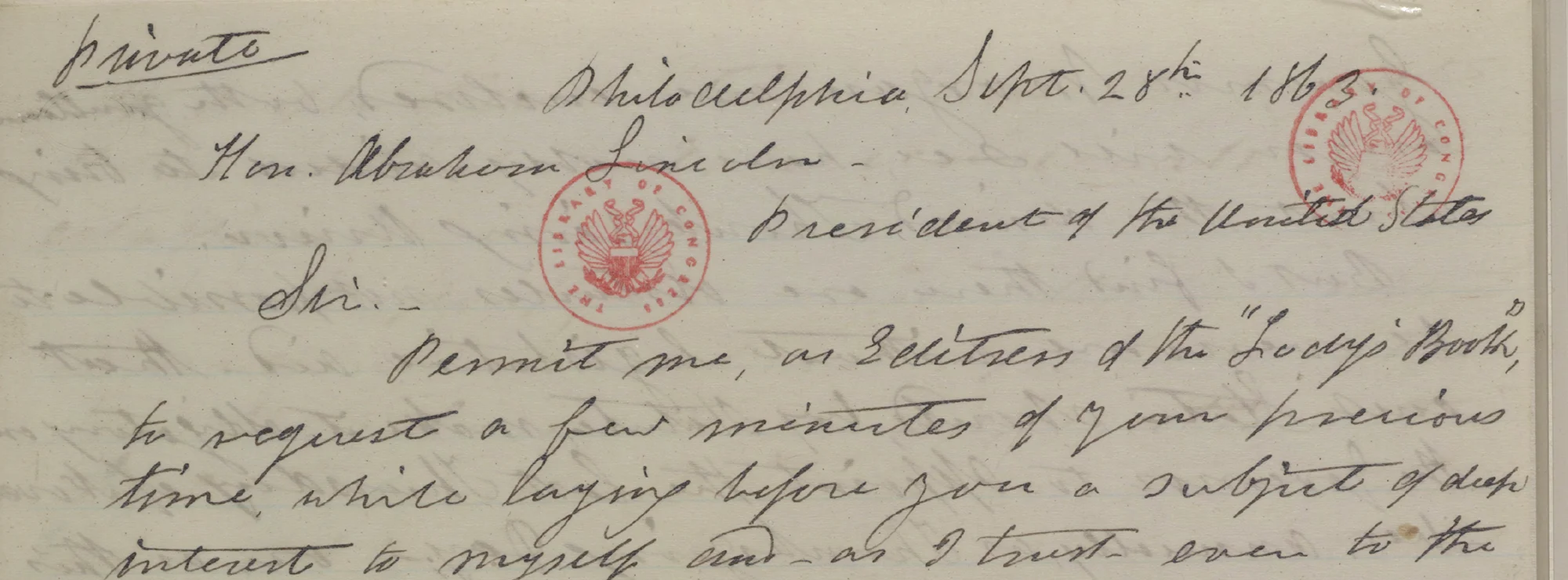 Handwritten letter addressed to Abraham Lincoln with red official seals.