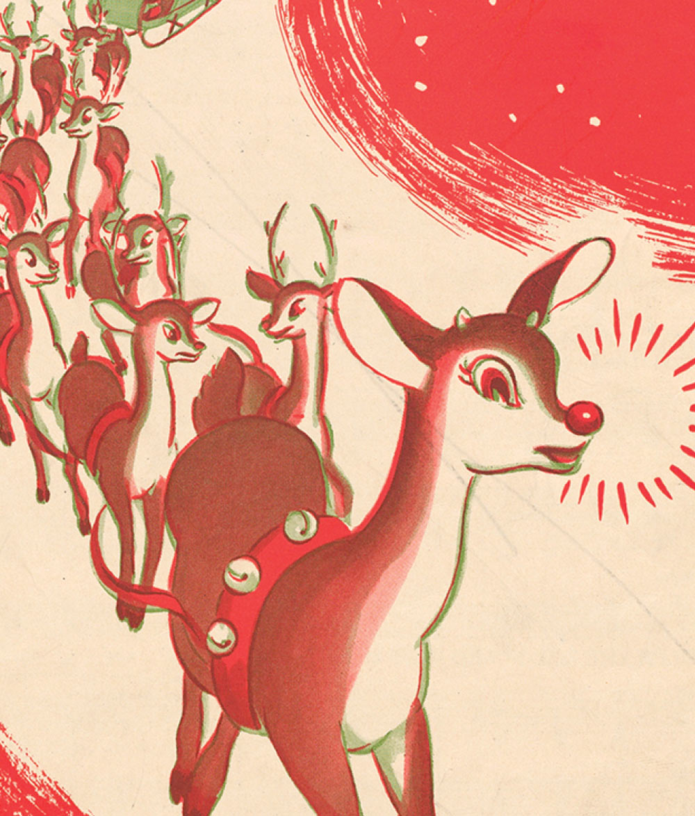 Vintage illustration of reindeer with bright red noses and harnesses.