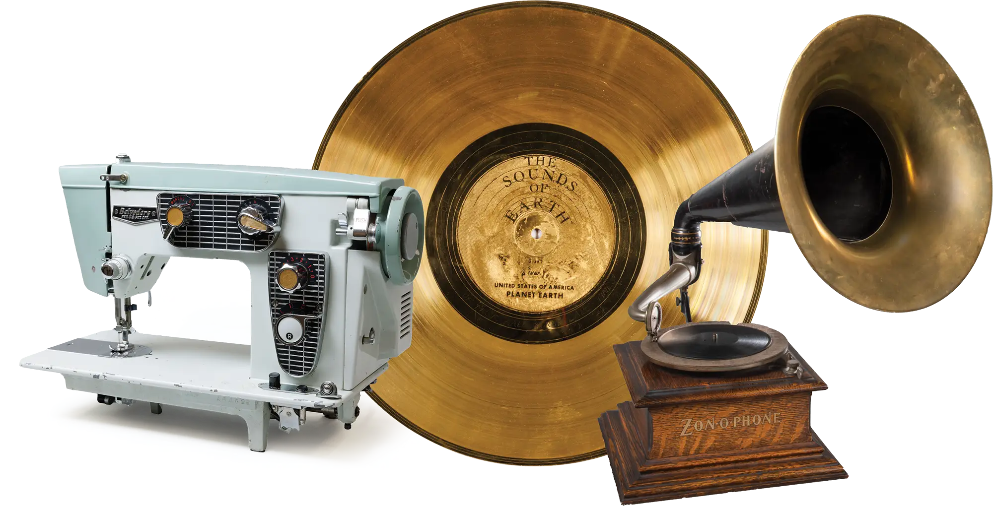 Vintage sewing machine, gold record, and antique phonograph.