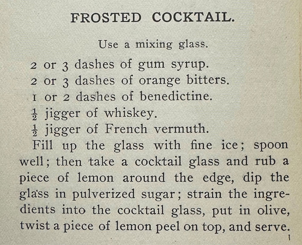 Vintage recipe for a Frosted Cocktail with detailed instructions and ingredients on aged paper.