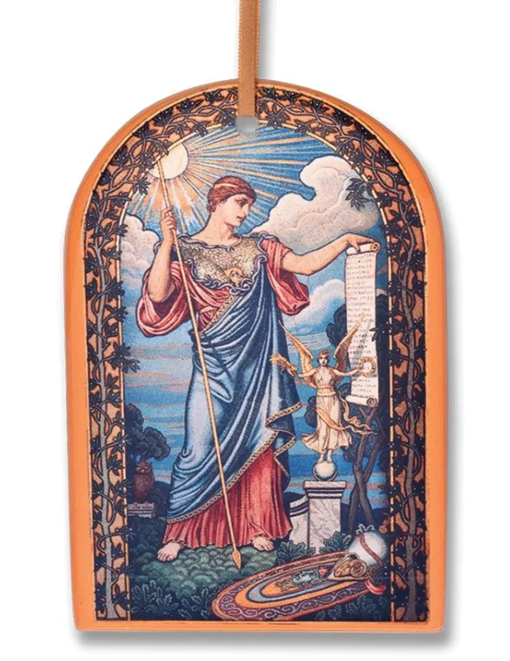 Minerva Ornament of a classical painting of a woman holding a torch and scroll, with an orrery below.