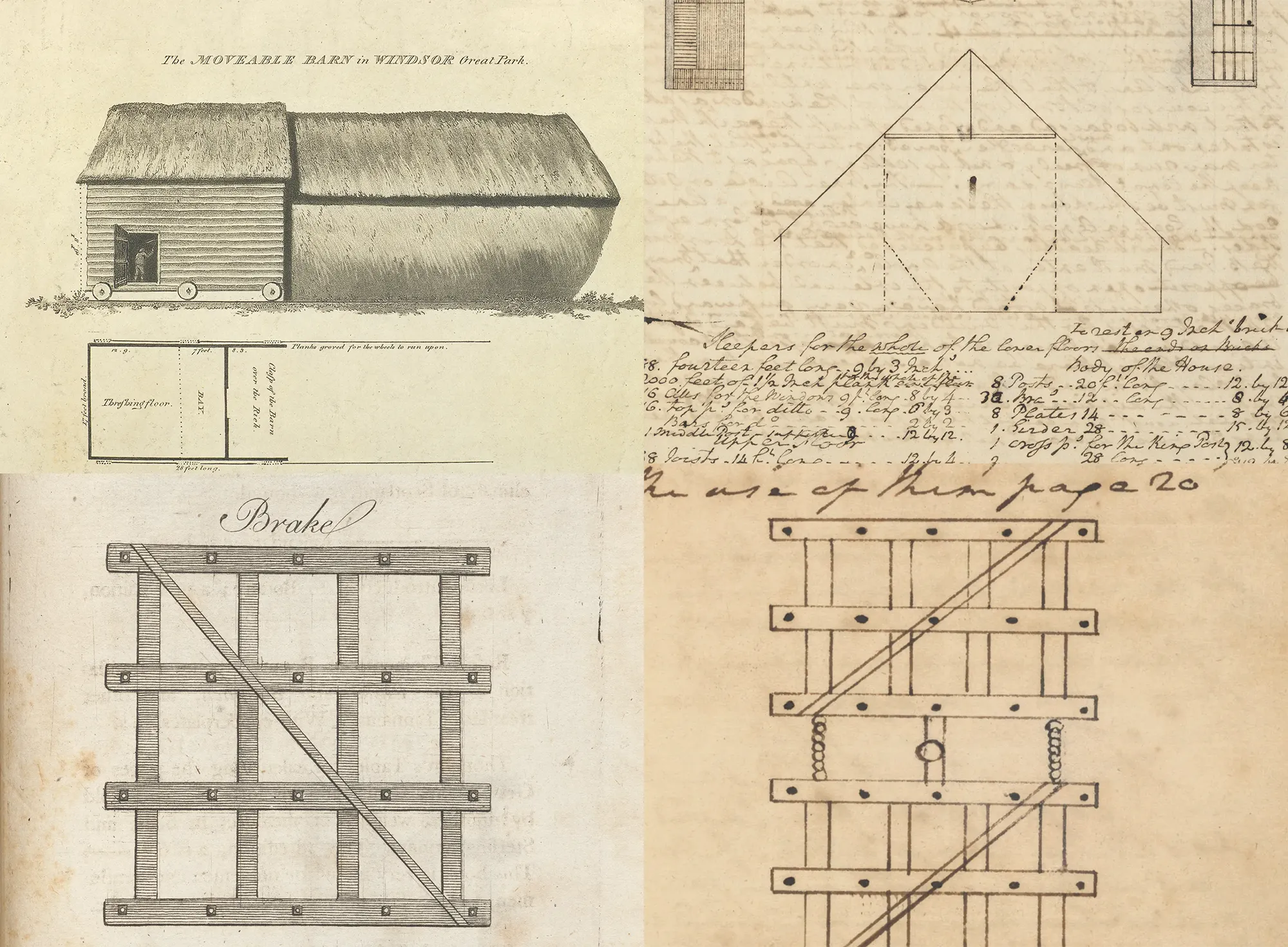 A composite image featuring detailed historical illustrations and architectural plans. The left section displays "The Moveable Barn in Windsor Great Park," showing a barn with a thatched roof and a floor plan labeled "Threshing floor." Below it is a labeled schematic of a "Brake," a wooden structure with diagonal braces. The right section contains a geometric building plan with hand-drawn dimensions and measurements, accompanied by handwritten notes listing materials and construction details, such as beams, rafters, and joists.