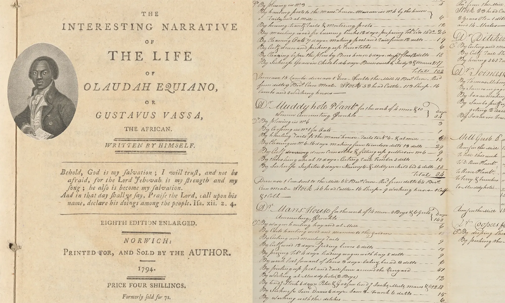 A composite image featuring historical texts and records. The left side shows the title page of The Interesting Narrative of the Life of Olaudah Equiano, or Gustavus Vassa, The African, written by himself. It includes a small oval portrait of Equiano and publication details such as "Eighth Edition Enlarged, Norwich: Printed for and sold by the author, 1794." The right side displays handwritten ledger entries detailing agricultural work and associated costs, grouped under headings such as "Muddy Hole Plantation" and "Mars House," providing a glimpse into 18th-century labor records.