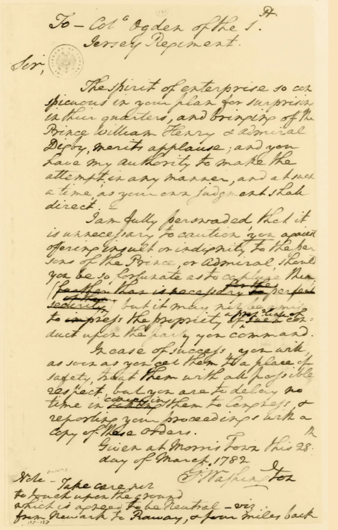 A historical handwritten note addressed to Colonel Ogden, detailing instructions and authorizations, with annotations and strike-throughs visible in elegant cursive writing.