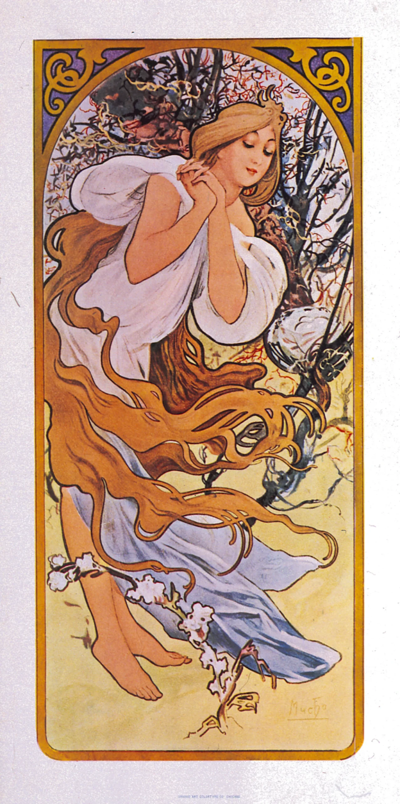 Art Nouveau illustration by Alphonse Mucha representing spring, showing a young woman with flowing hair in a pale dress surrounded by blossoming branches and swirling floral forms.