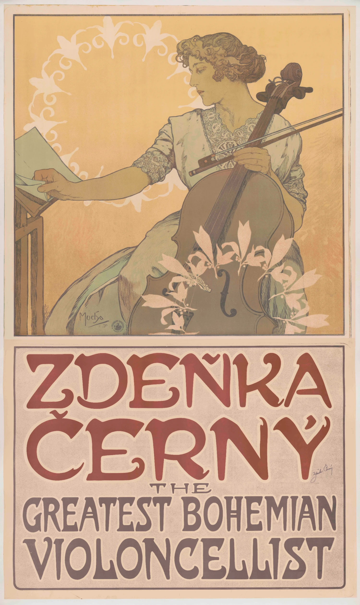 Art Nouveau poster by Alphonse Mucha promoting cellist Zdeňka Černý, featuring a woman seated with a cello and bow, reaching toward sheet music above large lettering announcing the musician.