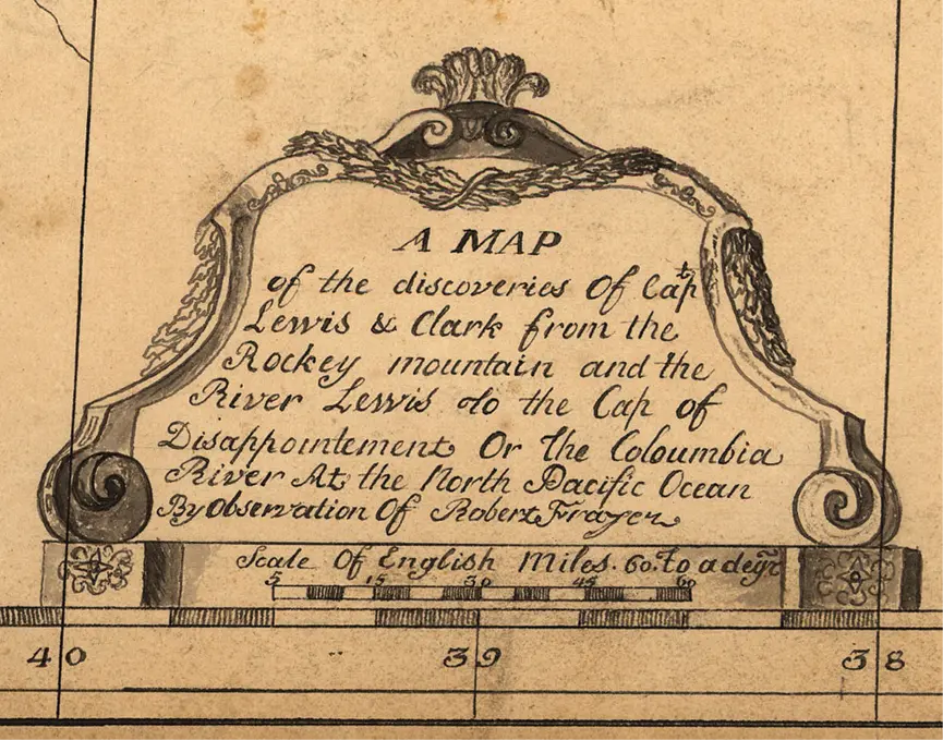 Decorative cartouche from an early map titled “A Map of the discoveries of Capt. Lewis & Clark,” featuring ornate scrollwork and a scale of English miles.
